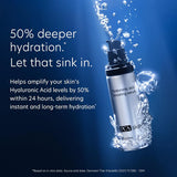 PCA Skin hyaluronic acid boosting serum with water droplets on a blue background