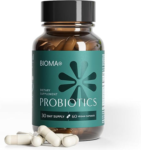 Bioma probiotics supplement bottle with capsules on a white background