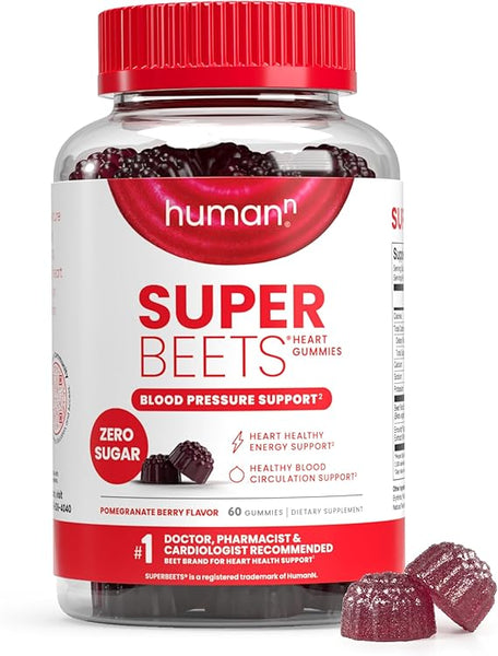 Bottle of Super Beets gummies with a red cap on a white background