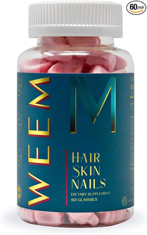 Bottle of WEEM hair, skin, nails supplements with pink gummies on a white background