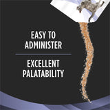 Cat drinking from a bowl with text 'Easy to administer, excellent palatability' on a black background.