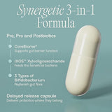 Delayed release capsule with text about Synergetic 3-in-1 Formula on a teal background
