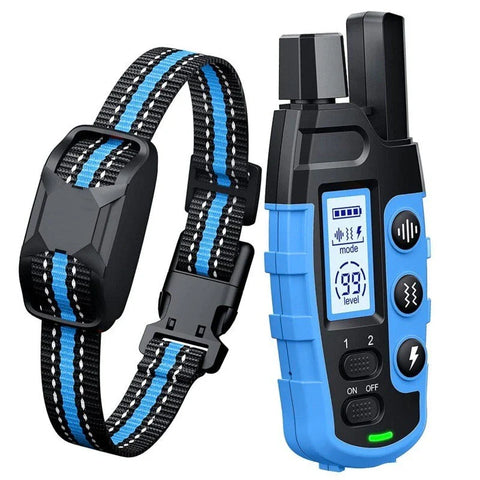 Dog collar with blue straps and electronic device on a white background