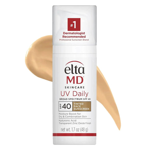 Eltamd UV Daily sunscreen tube with a swatch of sunscreen on a white background