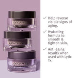 Three jars of epionce Renewal Facial Cream stacked on a light purple background with text about the product's benefits.
