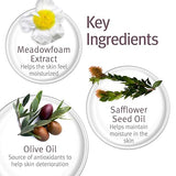 Key ingredients of skincare product with meadowfoam extract, safflower seed oil, and olive oil.