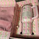 Floral-patterned Stanley tumbler in a decorative box with pink interior