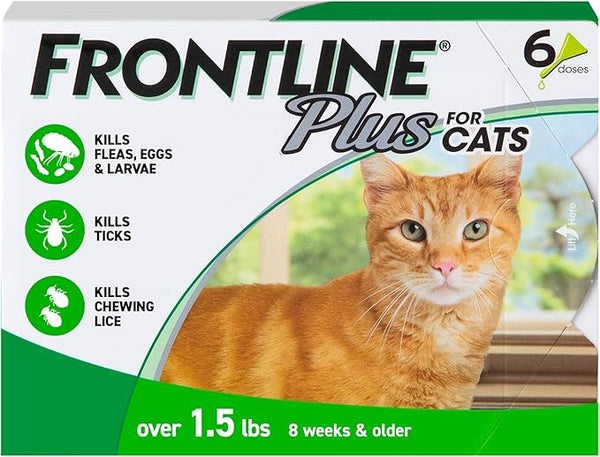 Frontline Plus for cats packaging with a cat illustration on a white background