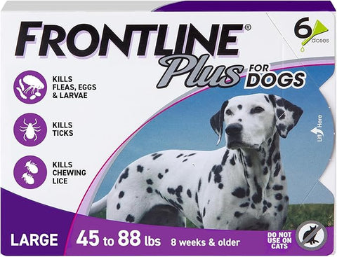 Frontline Plus for dogs packaging with a Dalmatian dog on a purple and blue background