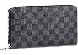 Gray checkered wallet with a brand logo on a white background