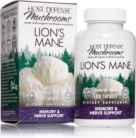 Host Defense Mushrooms Lion's Mane dietary supplement packaging on a white background
