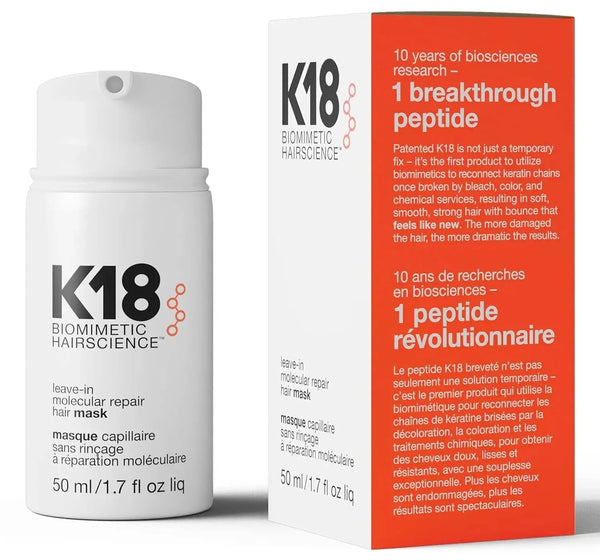 K18 biomimetic hairscience leave-in molecular repair hair mask with packaging on a white background