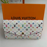 Louis Vuitton wallet with multicolor monogram pattern on a white background