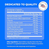 Nutritional label with ingredients and dosages on a blue background