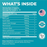 Nutritional label with ingredients and serving sizes on a blue background