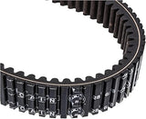Close-up of a black timing belt with metal teeth on a white background