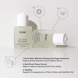 OUAI scalp serum bottles with product details on a light gray background