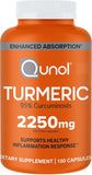 Orange supplement bottle with white cap labeled 'Qunol Turmeric 2250mg' on a white background