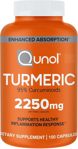 Orange supplement bottle with white cap labeled 'Qunol Turmeric 2250mg' on a white background