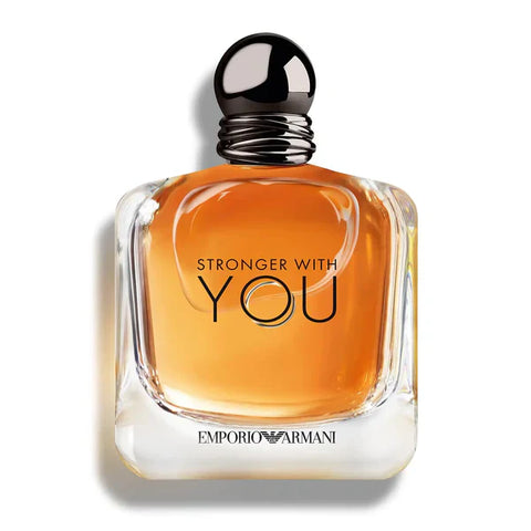 Perfume bottle with 'Stronger with You' text and Emporio Armani logo on a white background