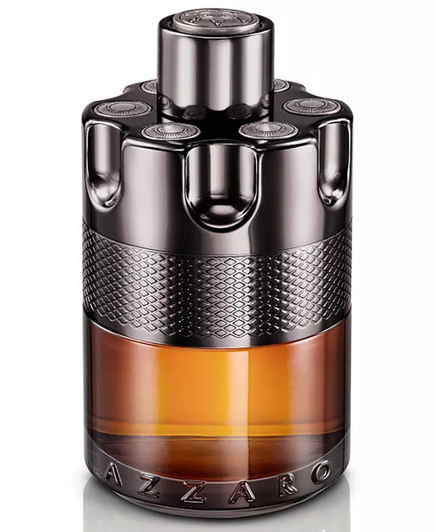 Perfume bottle with metallic cap and brown base on a white background