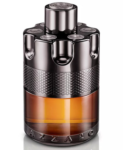 Perfume bottle with metallic cap and brown base on a white background