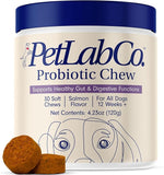 PetLab Co. Probiotic Chew container with a blue lid and dog illustration on a white background