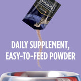 Powder being poured from a package into a pet bowl with text on a purple background