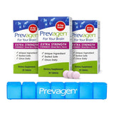 Three boxes of Prevagen Extra Strength chewables with a blue pill organizer on a white background.
