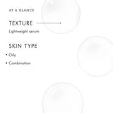Product information card for a lightweight serum with texture and skin type details.