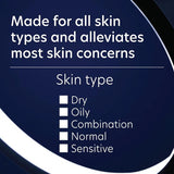 Product label indicating skin type compatibility and skin concerns alleviation on a dark blue background.