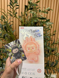 Product packaging with a plush toy and card held by a hand against a plant background