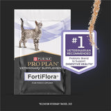 Purina Pro Plan Veterinary Supplements FortiFlora package with a cat illustration on a dark background