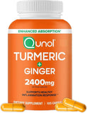 Qunol Turmeric + Ginger supplement bottle with capsules on a white background