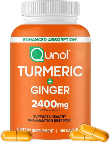 Qunol Turmeric + Ginger supplement bottle with capsules on a white background