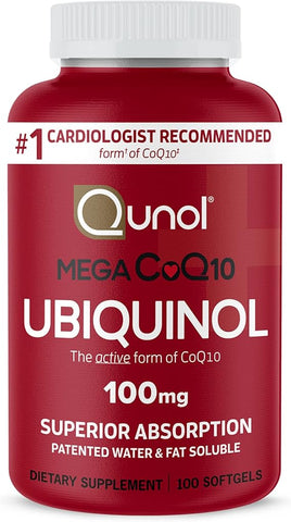 Red supplement bottle labeled 'Qunol Mega CoQ10 Ubiquinol' with white cap on a white background
