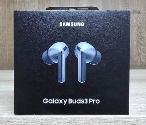 Samsung Galaxy Buds3 Pro packaging on a wooden surface