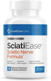 A bottle of Sciatic Ease Supplement Nerve Health Support, branded by SciatiEase Labs LLC, with the label indicating that it contains 12 research-backed vitamins and herbs and has 150 capsules.