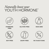 Product label with icons and text about hormone-free, gluten-free, non-GMO, soy-free, dairy-free, and no-injection features.