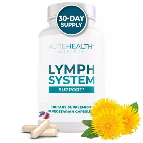 Supplement bottle for lymph system support with capsules and a dandelion flower on a white background