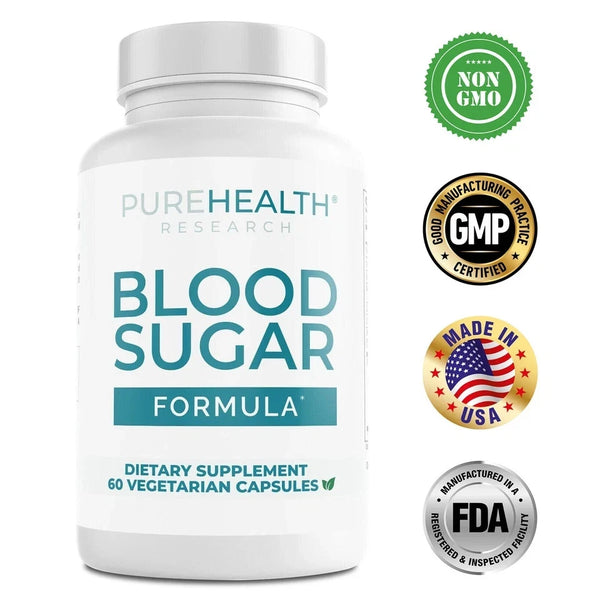 Supplement bottle labeled 'Blood Sugar Formula' by Pure Health Research with certification logos on a white background.