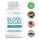 Supplement bottle labeled 'Blood Sugar Formula' by Pure Health Research with certification logos on a white background.