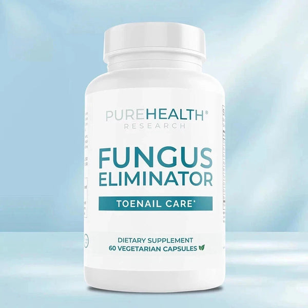 Supplement bottle labeled 'Fungus Eliminator' by Pure Health Research on a light blue background