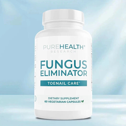 Supplement bottle labeled 'Fungus Eliminator' by Pure Health Research on a light blue background