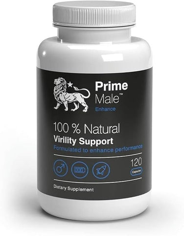 Supplement bottle labeled 'Prime Male' on a white background