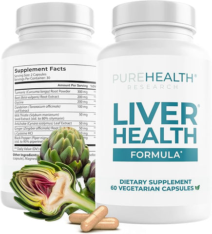 Supplement bottle labeled 'Pure Health Research Liver Health Formula' with green vegetables and capsules on a white background.