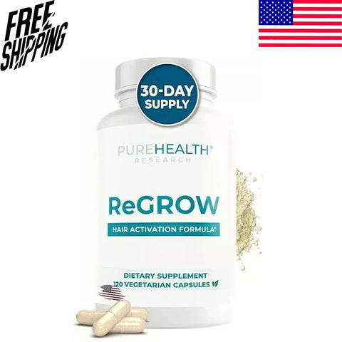 Supplement bottle labeled 'ReGROW' by Pure Health Research with capsules on a white background.