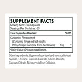 Supplement facts label for a product with curcumin phytosome on a light gray background