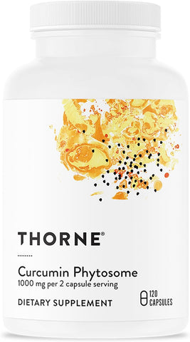 Thorne Curcumin Phytosome dietary supplement bottle with white label and yellow design.