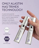Two Alastin skincare products with a hand holding them against a light purple background.